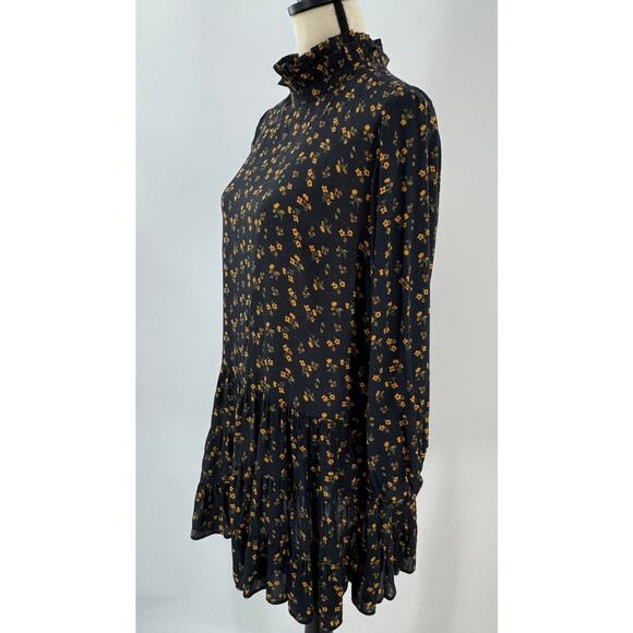 Zara Black Orange Gold Floral Ruffle Mini Dress Long Sleeve Print Cottagecore S - Picture 2 of 7